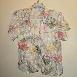 Vtg 90's Sheer Button Up Hawaiian Tropical Floral Blouse Medium UNIQUE Spectrum
